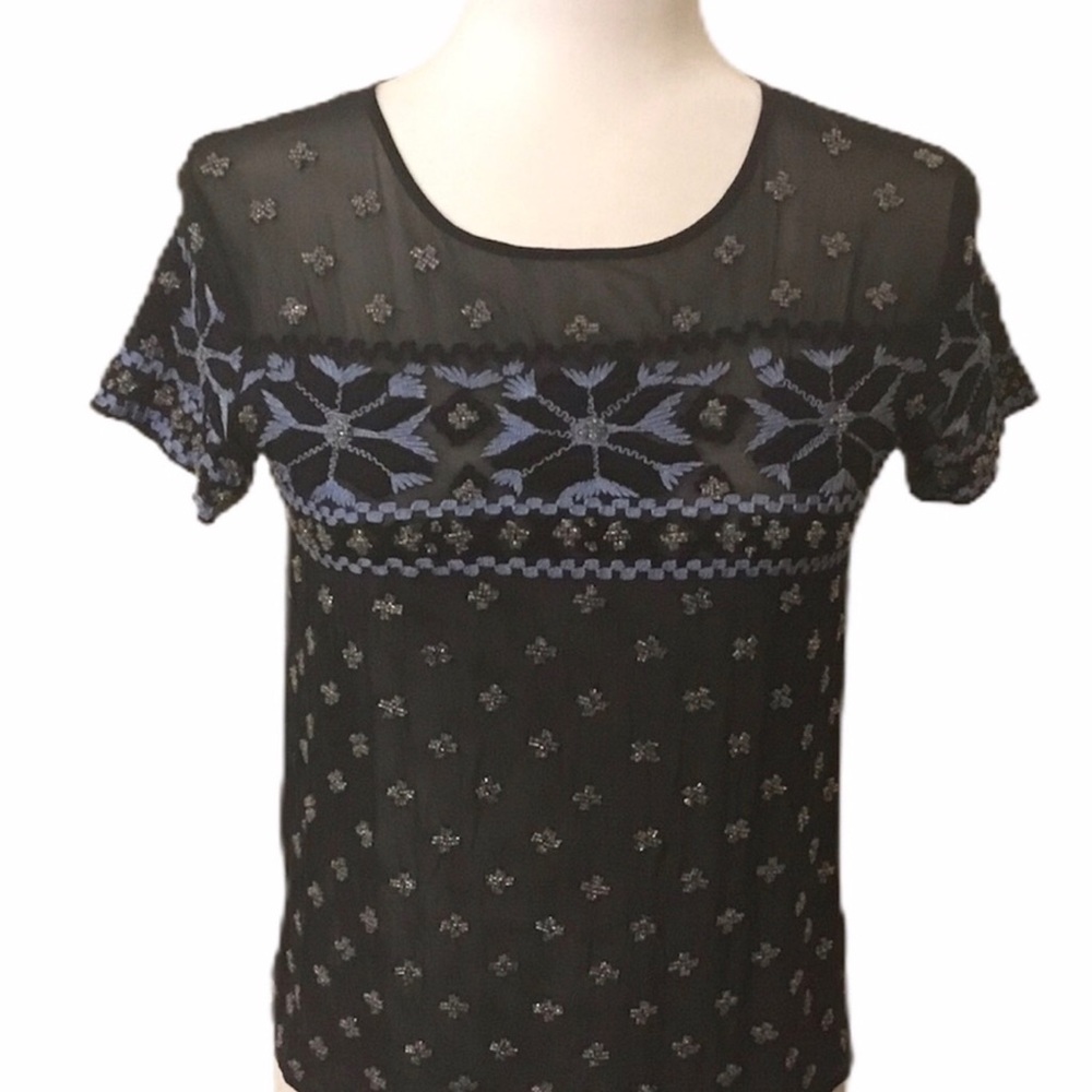 Gryphon beaded blouse large blue/ Black Embroidered Top with Blue/White Accents